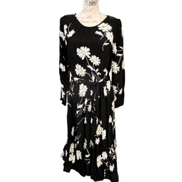 Talbots Midi Daisy Fit & Flare Dress Long Sleeves Floral BOHO Black Size 10p NWT - Picture 1 of 15